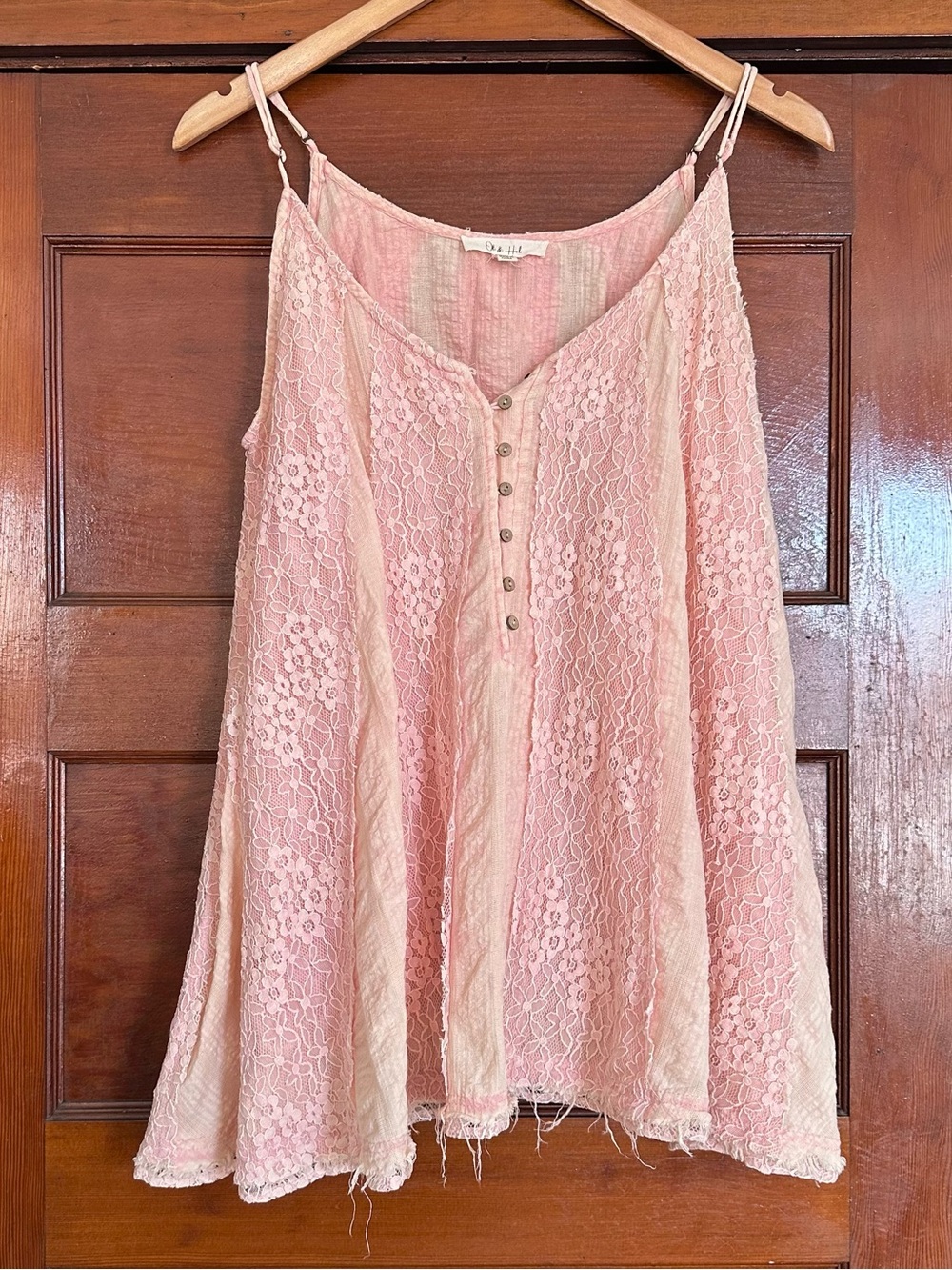 Oli & Hali Pink Washed Mixed Media Lace Gauze Henley Swing Tank Top Large Boho